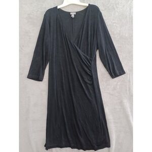 Chicos Travelers Dress M Black VNeck Faux Wrap Midi Slinky Surplice Liquid Knit